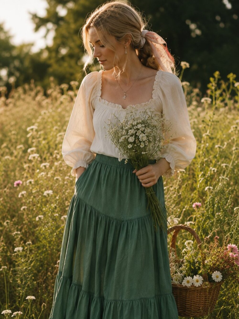 Aerie Green Tiered Midi Skirt Boho Cottagecore Elastic Waist Flowy Ren Faire